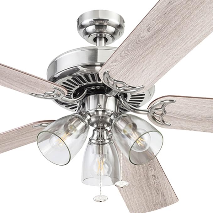 Prominence Home Saybrook Modern Farmhouse 52 Inch Ceiling Fan with Light, LED Ceiling Fan, Tri-Mount Indoor Fan with 5 Blades, Gray Oak and Brown Walnut Blade Finish Options, Matte Nickel (51592-01)