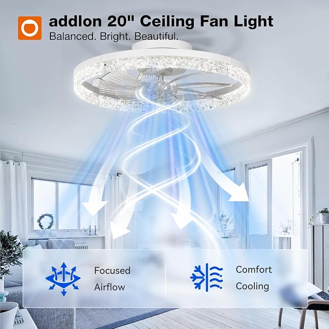 addlon Ceiling Fans with Lights and Remote, 20'' Low Profile Flush Mount Ceiling Fan, 3000–6000K Dimmable LED Fandelier, Bladeless Crystal Fan Light for Bedroom, Kitchen, Living Room, White