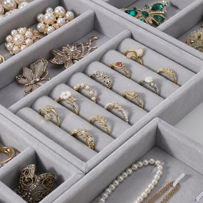 Velvet Jewelry Drawer Organizer – Four-Piece Stackable Jewelry Tray Set for Earrings, Rings, Necklaces, Bracelets, and Watches. Customizable jewelry dividers. Suitable for Dressing Tables or Vanities