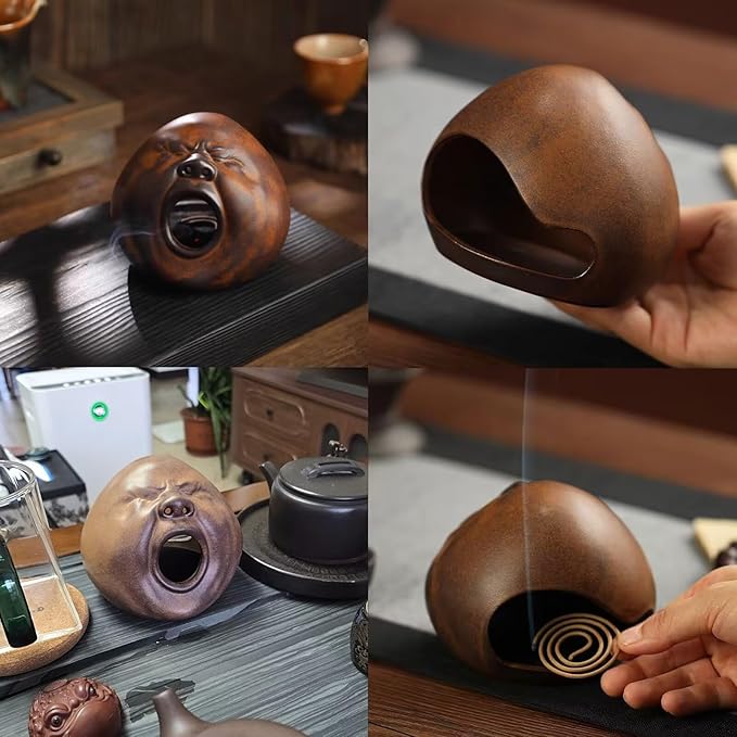 Ceramic Incense Burner - Novel Yawning Face Design Palo Santo Burner Meditation Incense Holder Hand Polishing Cedar and Zen Herb Burners Suitable Space for Meditation and Prayer