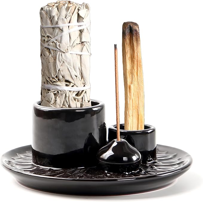4 in 1 Incense Burner Holder, Palo Santo Sticks Holder, Ceramic Incense Holder Dish, Palo Santo Burner Chimney, Sage Bundle Smudge Bowl(Black)