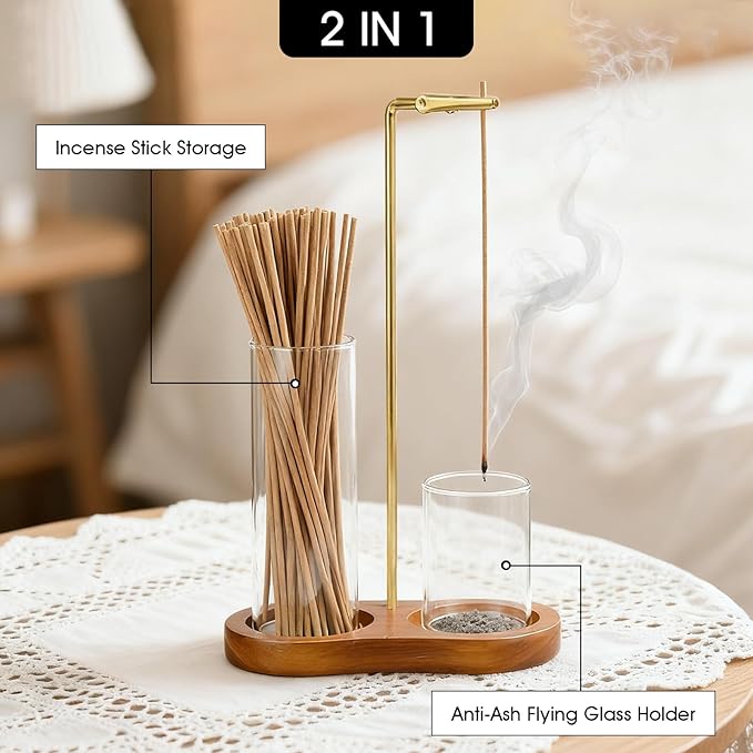 2 in 1 Incense Holder with Dual Glass Ash Catchers and 3PCS Storage Tubes, Incense Burner for Incense Sticks, Incense Stick Holder