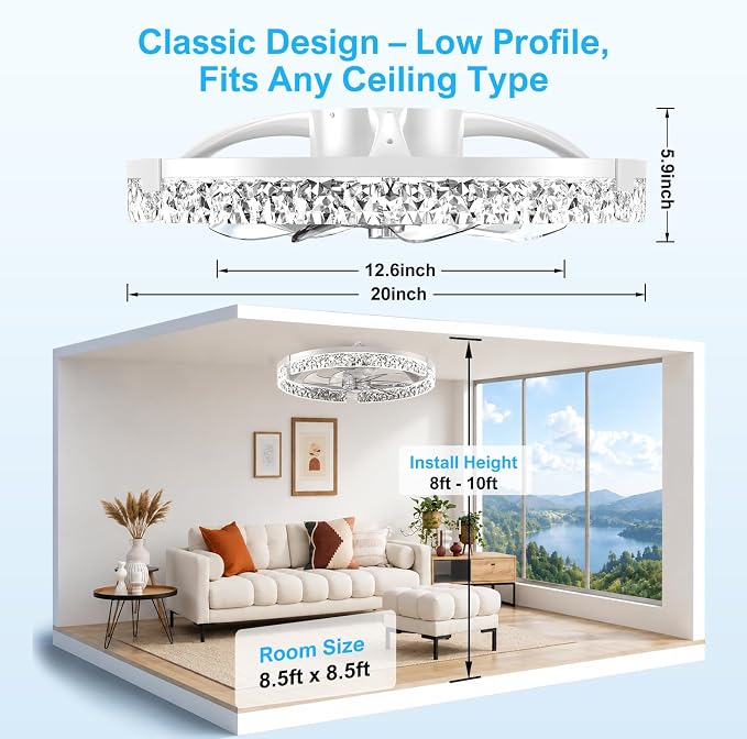 Crystal Ceiling Fans with Lights and Remote, 20'' Low Profile Ceiling Fan, 1-6 Wind Speeds, 3000-6500K Dimmable Flush Mount LED Fan Light, Modern Fandelier Ceiling Fans for Bedroom