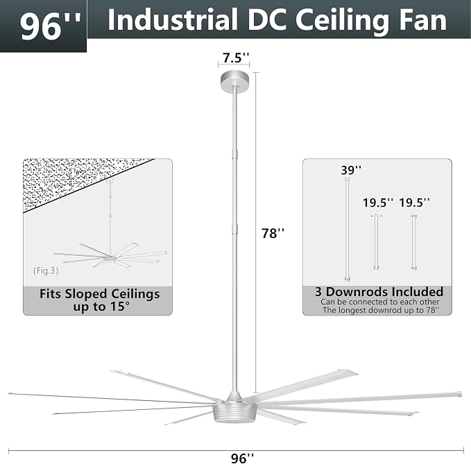 Ohniyou 96'' Industrial Ceiling Fan No Light - High CFM Large Metal Fan with 8 Aluminum Blades, Remote/APP Controlled, DC Motor, for Shop, Warehouse, Gym, Silver | 8 Aluminum Blades, Remote/App Control, Quiet DC Motor for Shops, Warehouses and Gyms, Si...