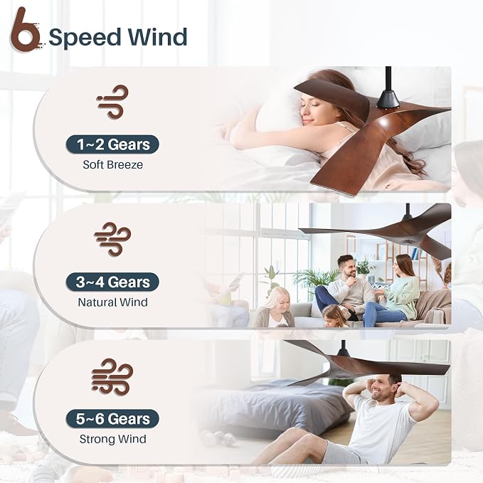 CACI Mall 52 Inch Propeller Ceiling Fan No Light, Remote Control, 6 Speeds Noiseless DC Motor, 3 ABS Blades, Indoor Outdoor Ceiling Fans for Living Room, Bedroom, Patio