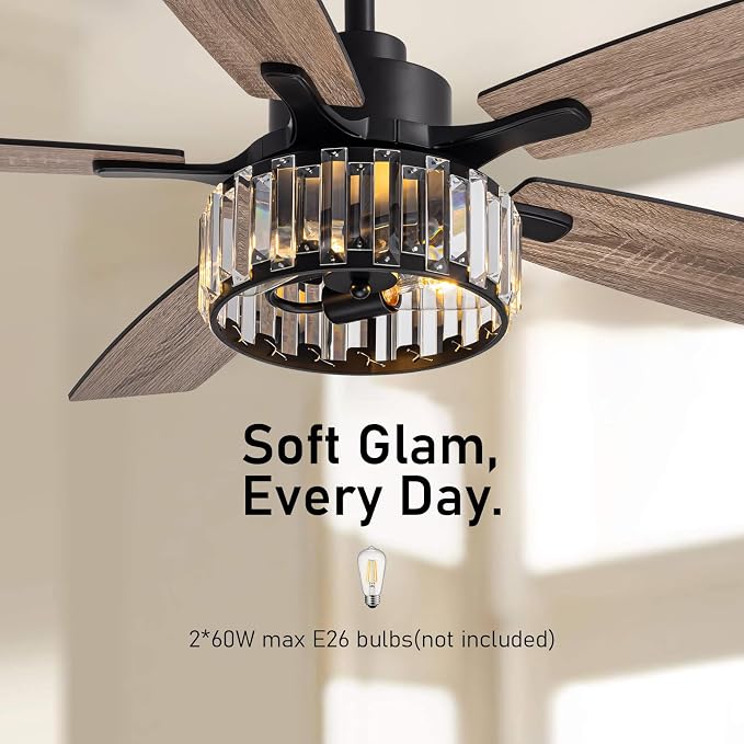 52 inch Crystal Fandelier Ceiling Fan with LED Lights, Chandelier Ceiling Fan with Remote and APP Control, Reversible Ceiling Fan for Indoor, Used in Bedroom, Living Room, Pation