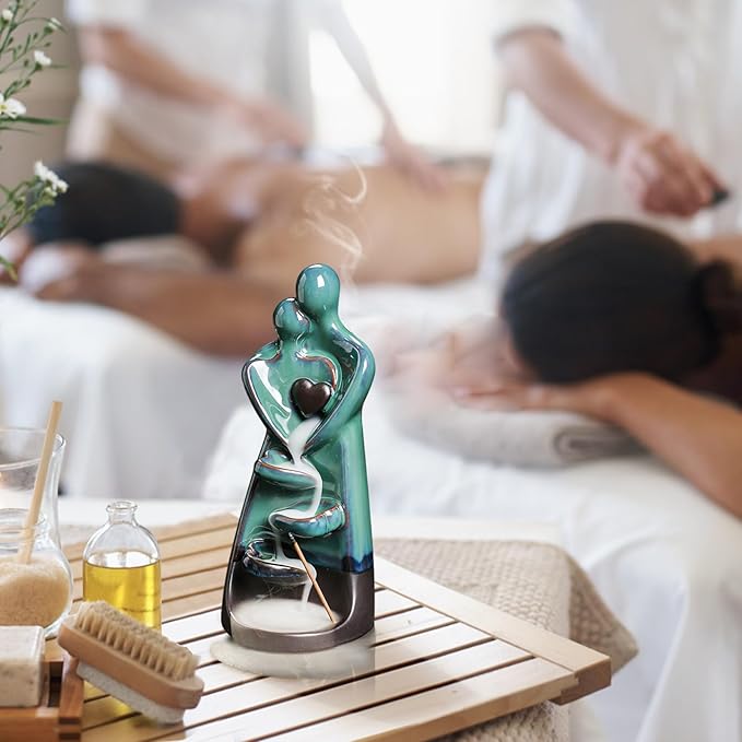 YYW Backflow Incense Holder Ceramic Hugging Lovers Incense Burner, Handmade Waterfall Incense Burner with 20 Incense Cones and 30 Incense Sticks, Home Decor Aromatherapy Ornament