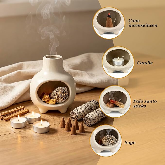 Ceramic Palo Santo Holder Burner with Chimney, Handcrafted Smudge Bowl Ash Catcher for Sage, Incense Cones & Candles, Palo Santo Sticks, for Home, Yoga, Meditation & Spiritual Ceremony (Beige)