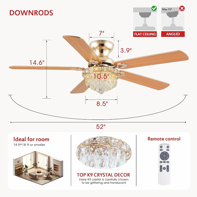 GJeg Crystal Ceiling Fan Fandelier with Lights-Ceiling Fans with Remote Control,Modern Ceiling Fan with Noiseless DC Reversible Motor,Dining Room,Living Room(52" Gold)