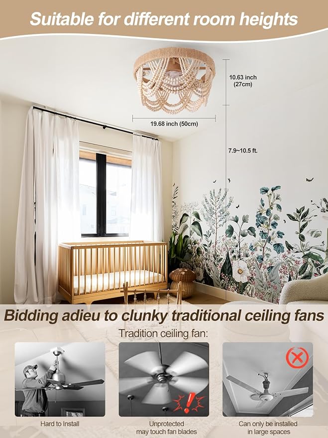 20" Boho Ceiling Fan with Light, Coastal Flush Mount Fandelier Ceiling Fans with Lights and Remote Control,Enclosed Beaded Caged with 6 Speeds for Bedroom Nursery Living Room