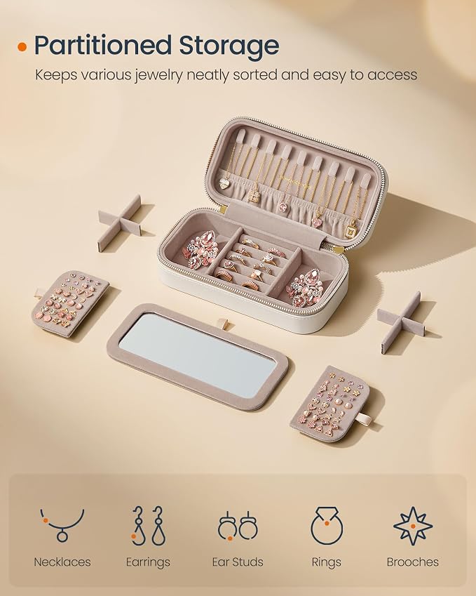 SONGMICS HOME Travel Jewelry Case with Mirror, Stitching, Portable | Jewelry box organizer, 4.1 x 8 x 2.4 Inches, Gift Idea, Cloud White, UJBC180W01