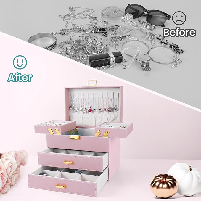 Dajasan Jewelry Organizer Box, Large Jewelry Boxes for Girls, Space-Saving 4 Layers Jewelry Storage Case with Drawer, Gift for Women, Movable Metal Stand, Modern (Pink+ Gold)
