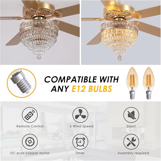 62"Golden Crystal Chandelier Ceiling Fans with Lights and Remote Control | Classical Design,6 Reversible Speeds,30W Quiet DC Motor,5 Wooden Blades,3*E12 LED Bulbs Included,for Living Room Bedroom