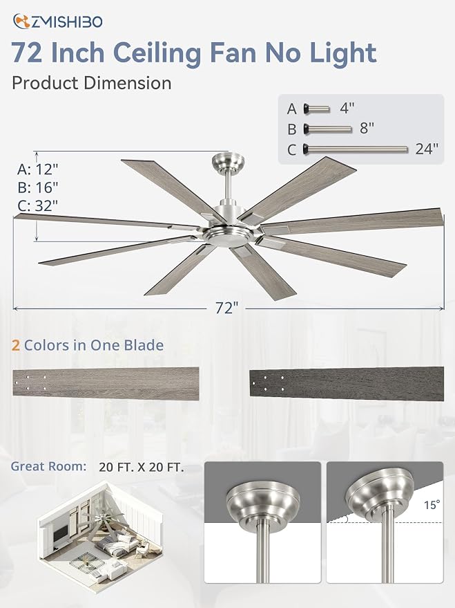 72 Inch Brushed Nickel Modern Ceiling Fan No Light with Remote, Outdoor Ceiling Fans Without Light with Quiet Reversible DC Motor, 6 Speeds, 8 Blades Large Ceiling Fan for Patios, Living Room, Garage