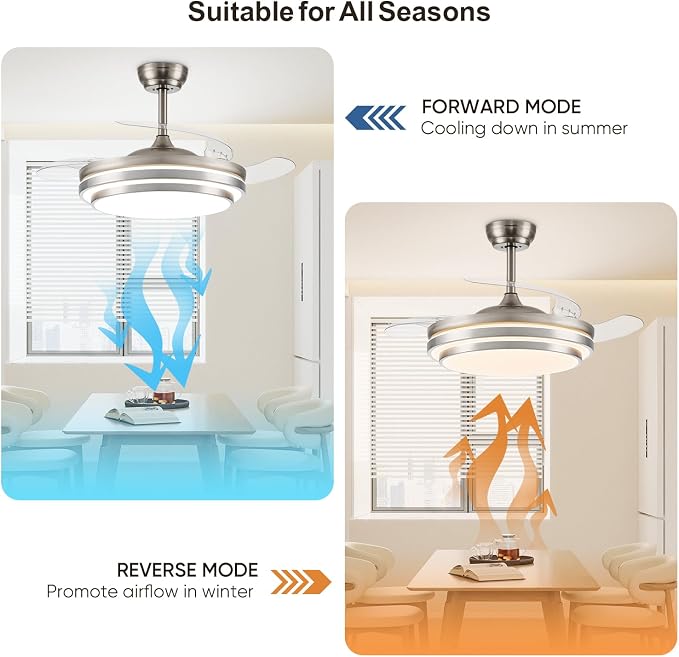 FIDGRA 42 Inch Fandelier Ceiling Fan with Light, Retractable Ceiling Fan with Lights for Bedroom Living Room Dinning Room, Chandelier with Fan 6 Speed, 3 Color Temperature-Brushed Nickel