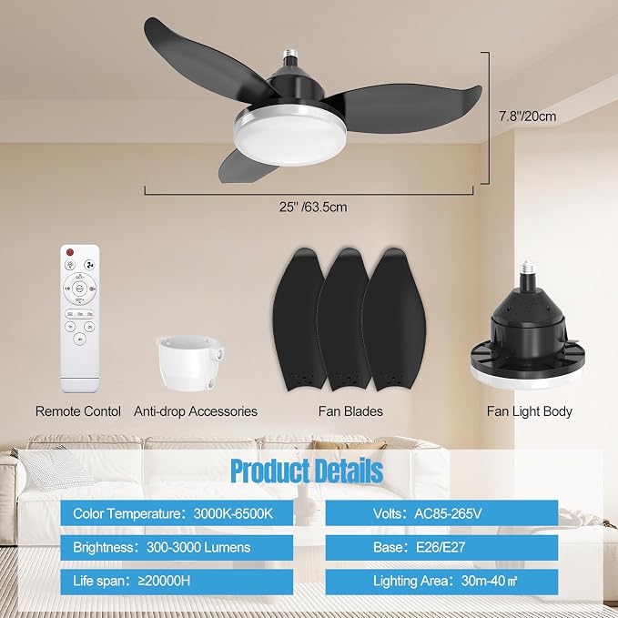 25" Socket Fan Light, Flower Shape 3000 Lumens Small Ceiling Fans with Lights and Remote, E26/E27 Light Bulb Fan with Reversible Motor, Dimmable 3000K-6500K for Bedroom Hallway Garage