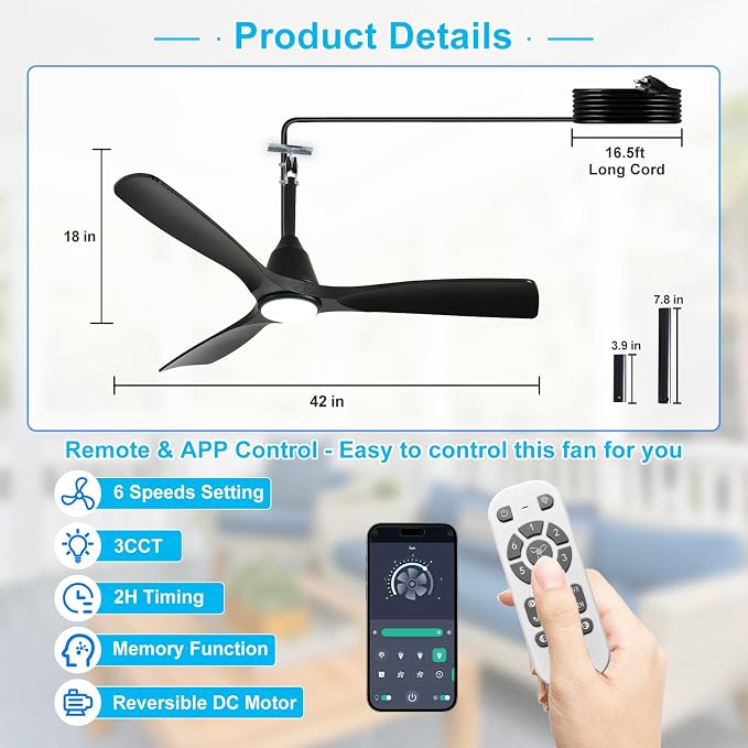 Depuley Outdoor Ceiling Fan with Lights: 42" Black Gazebo Fans Outdoor Hanging with Remote APP Control - Plug in Waterproof Fans with Light for Patio Porch Reversible Black Blades 3CCT 6 Speeds Timer