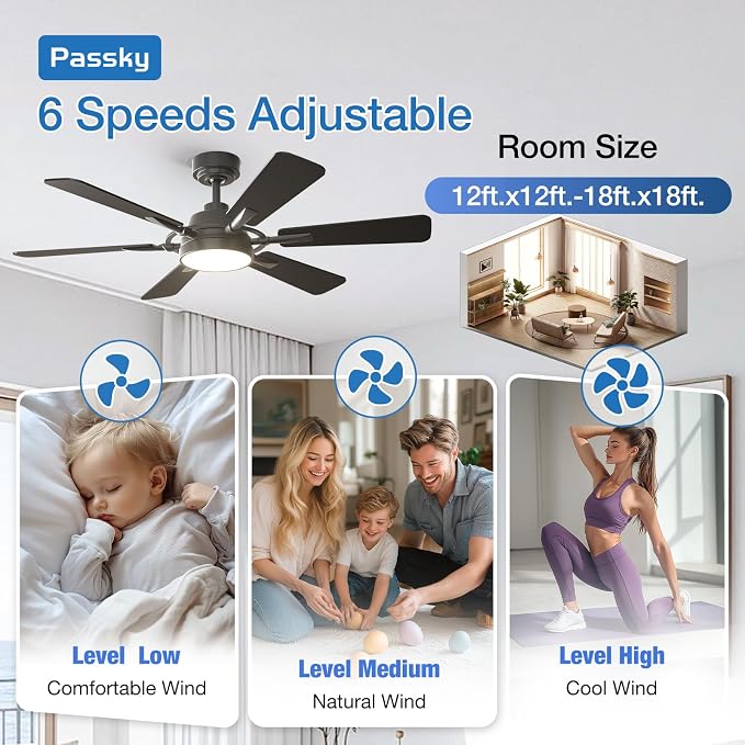 Passky Ceiling Fans with Lights, 52 inch Ceiling Fan with Light and Remote Control, Reversible, Dimmable, 3CCT, Quiet, Black Modern Ceiling Fan for Bedroom, Living Room