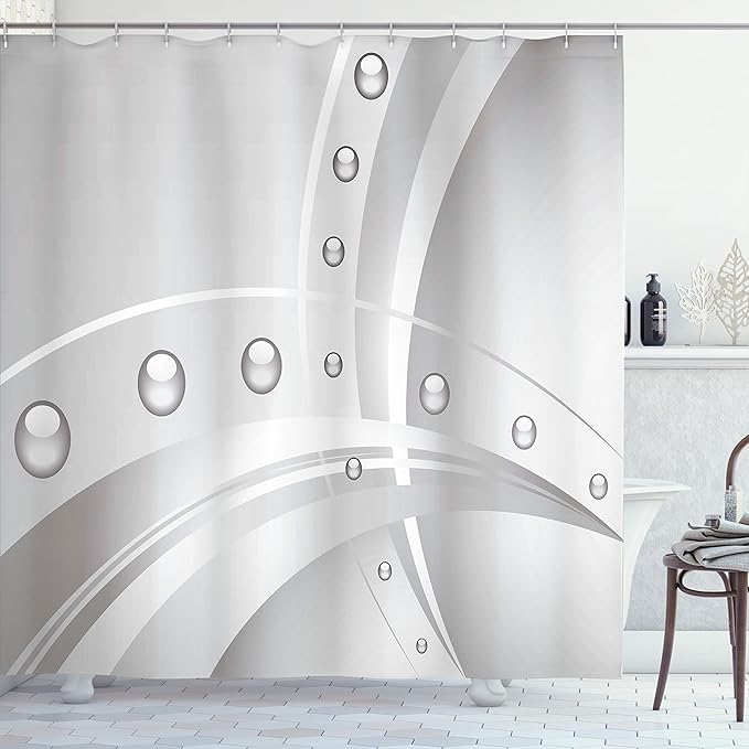 Ambesonne Abstract Shower Curtain, Surreal Composition Lines Curves and Vivid Bubble Like Balls Print, Cloth Fabric Bathroom Decor Set with Hooks, 69" W x 84" L, Dimgray Grey White