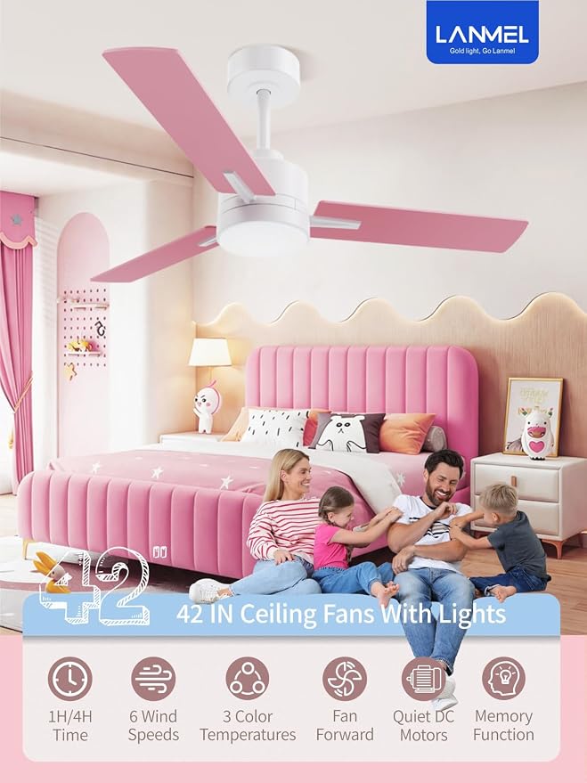 LANMEL 42'' Ceiling Fan with Lights and Remote, Pink Blue Ceiling Light for Kids Room, Modern Ceiling Fan for Boys Girls, 6 Speed, Reversible, 3000k-6000k LED, Quiet DC Motor for Indoor Outdoor