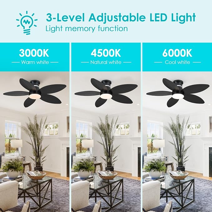 Surtime 46" Black Ceiling Fans with RGB Lights - Flush Mount Ceiling Fan Light with LED 3CCT Dimmable, Tropical Palm Leaf Ceiling Fans for Indoor Party,Covered Outdoor