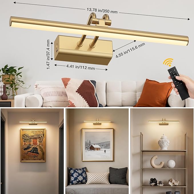 Battery Operated Wall Light for Living Room, 4000mAh Picture Light for Wall Set of 2, Remote & Touch Control, 3 Color Temps, Display for Gallery, Living Room, Bedroom(Gold)