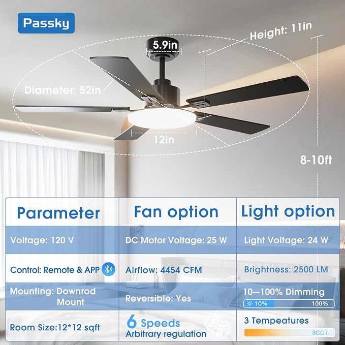 Passky Ceiling Fans with Lights, 52 inch Sleek Ceiling Fan with Light and Remote Control, 3CCT, Dimmable, Reversible, Noiseless, Black Ceiling Fan for Bedroom, Living Room