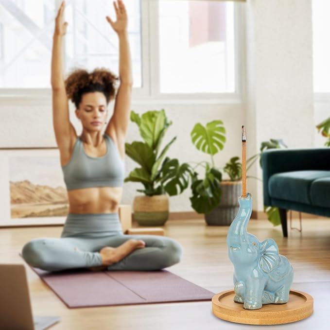 Cute Elephant Incense Holder with Wooden Coaster, Handmade Ceramic Burner, Animal Theme Incense Tray, Incense Burner for Home Decoration Accessories (Blue)