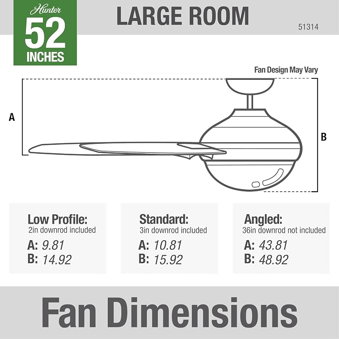 Hunter 52 inch Indoor Ceiling Fan with LED Light and Remote Control - Black Modern Smart Ceiling Fan, Standard Mount, 5 Blades, For Bedroom, Living Room, or Kitchen, Quiet- Aerodyne 51314, Matte Black | with LED Light and Remote Control, Standard Mount...
