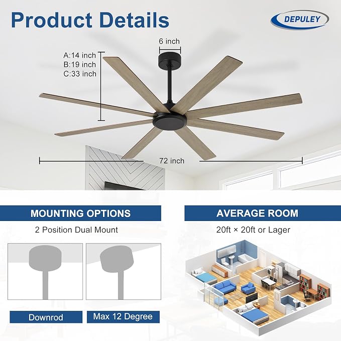 Depuley Large Ceiling Fan without Light: 72 Inch Indoor/Outdoor Fan Reversible DC Motor 6 Speed - Dual 8 Blades Big Ceiling Fans with No Light for Living Room Covered Patio, Wood Color