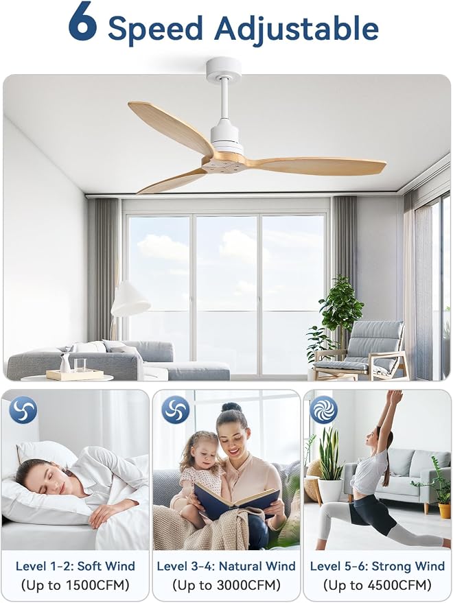 Sofucor 52 Inch Wood Ceiling Fans no Light, Works with App/Alexa/Google, Dimmable 6-Speed Outdoor Ceiling Fan with Remote for Indoor Bedroom Living Room Outdoor Patio Porch, Reversible DC Motor