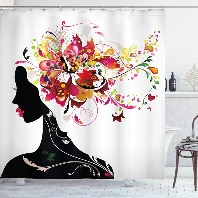 Ambesonne Modern Shower Curtain, Modern Futuristic Design with Nature Harmony Woman Theme Artwork Image, Cloth Fabric Bathroom Decor Set with Hooks, 69" W x 84" L, Pink Black