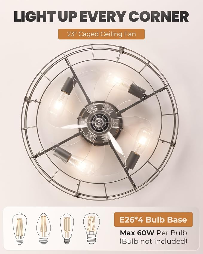 Caged Ceiling Fan with Lights, 23 Inch Farmhouse Remote Control Flush Mount Fan Lights Ceiling Fixtures, E26 Base 6 Speeds Bladeless Ceiling Fans with Lights for Indoor Kitchen Bedroom, Silver