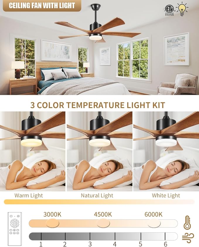 Ceiling Fans with Lights and Remote, 52 Inch Outdoor Fans for Patios, USA Original Patent, ETL Listed, 3 Downrods, 5 Blades, 6 Speeds Reversible Noiseless DC Motor Wood Fans for Farmhouse, 52", Walnut
