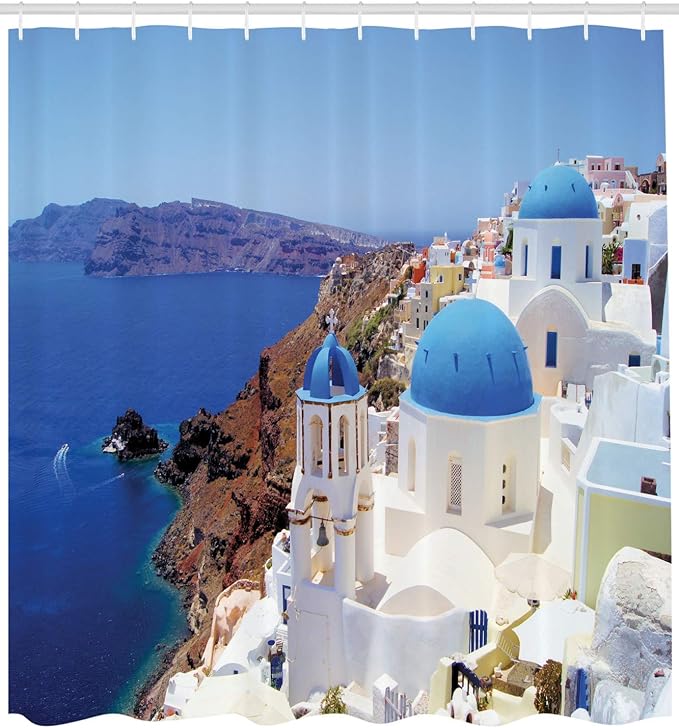 Ambesonne Coastal Shower Curtain, Panoramic Photo of Seascape and Historic Mediterranean Town Iconic Buildings, Cloth Fabric Bathroom Decor Set with Hooks, 69" W x 70" L, Blue and White