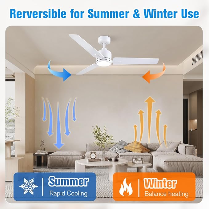 Newday 48 Inch Ceiling Fans with Lights Remote for Bedroom Living Room Kitchen Office, Indoor or Covered Outdoor, 3CCT Dimmable, 3 Blades, 6 Speed Reversible Quiet DC Motor, White/Wood Grain