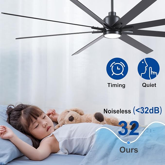 Rayqueen 84 Inch Black Ceiling Fans with Lights and Remote,Includes Downrod | Black Blades,6 Speed Reversible DC motor,3-color temperature dimmable LED.5.9/11.8/23.6 inch downrod