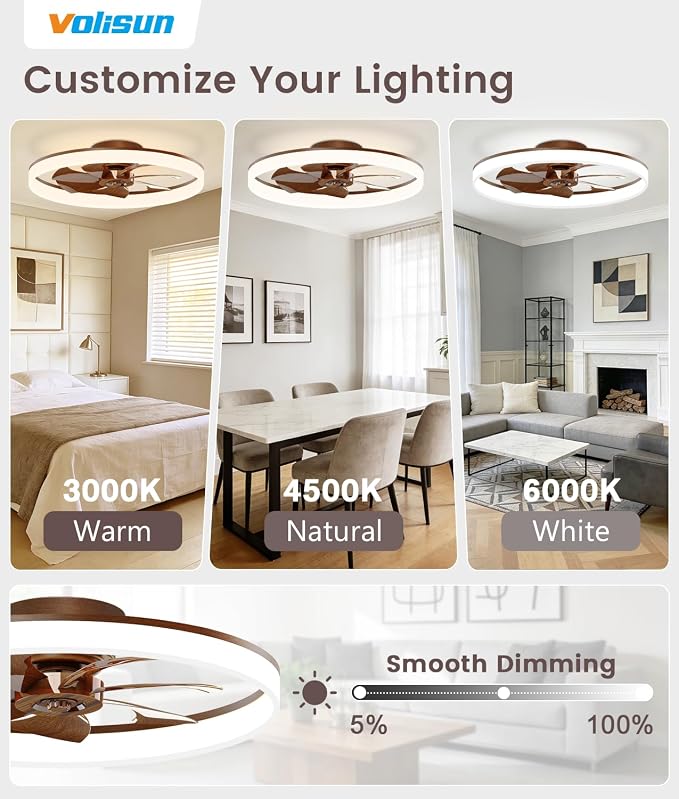 VOLISUN Low Profile Ceiling Fans with Lights and Remote, 24in Fandelier Ceiling Fan Flush Mount, 3000K-6500K Smart Bladeless LED Fan Light, Farmhouse Ceiling Fans with Lights for Bedroom(Wood)