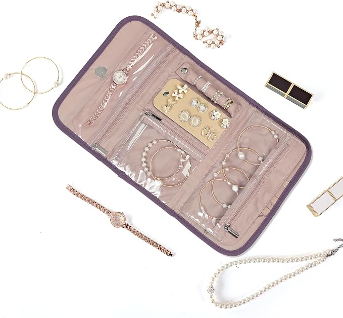 BELALIFE Travel Jewelry Case, Jewelry Organizer Roll for Accessories | Bag with foldable roll design for earrings, necklaces, rings, bracelets and brooches, Purple