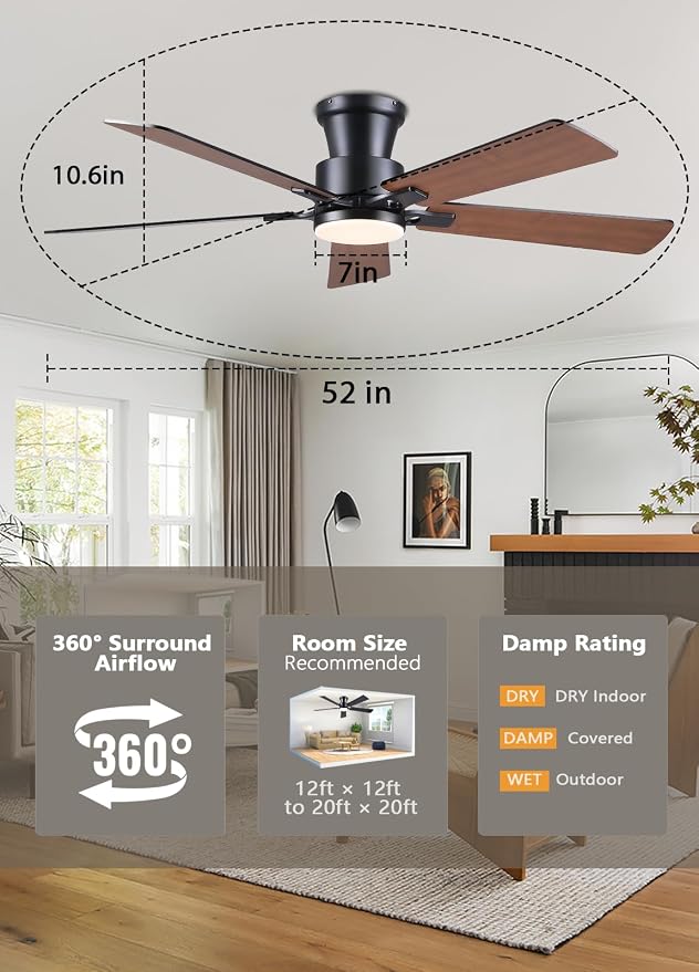 JSAITEE 52Inch Ceiling Fan with Lights Flush Mount Low Profile Brown | Ceiling Fans,DC Reversible Motor, 3CCT Dimmable, Fan for Indoor Bedroom/Outdoor, Brown