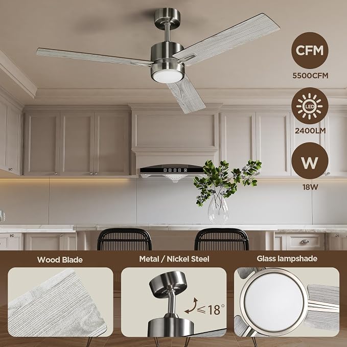 Ceiling Fan 52'' with Light: Modern Remote Control Fans Downrod Mounted - Quiet Reversible DC Motor - Light Memory Function for Outdoor Indoor