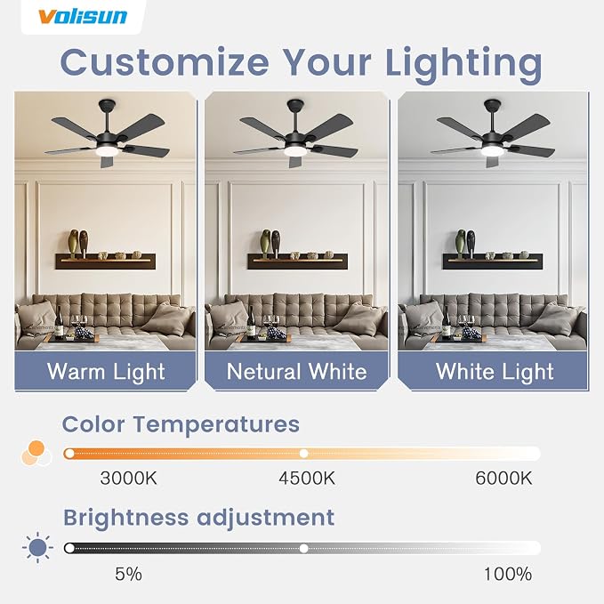 VOLISUN Ceiling Fan with Light, 42 inch Flush Mount Ceiling Fan with Lights and Remote, Dimmable LED Fan Light, Low Profile Ceiling Fan, Black Modern Ceiling Fan for Bedroom, Indoor/Outdoor