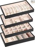 LANDICI Stackable Jewelry Organizer Trays 4 Set,PU Leather Jewelry Organizer Drawer,Jewelry Storage Display Tray for Earring Necklace Rings Bracelet with Removable Dividers,Black