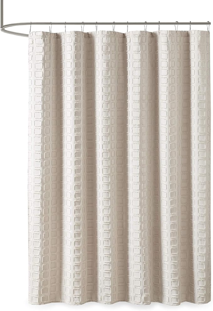 Madison Park Metro Bathroom Shower, Textured Woven Clipped Design Modern Mid-Century Privacy Bath Fabric Curtains, 72"x72", Sand