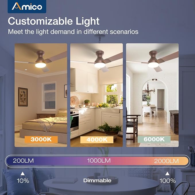 Amico Ceiling Fans with Lights, 52 inch Low Profile Ceiling Fan with Light and Remote Control, Flush Mount, Reversible, 3CCT, Dimmable, Noiseless, Brown Ceiling Fan for Bedroom, Indoor/Outdoor Use