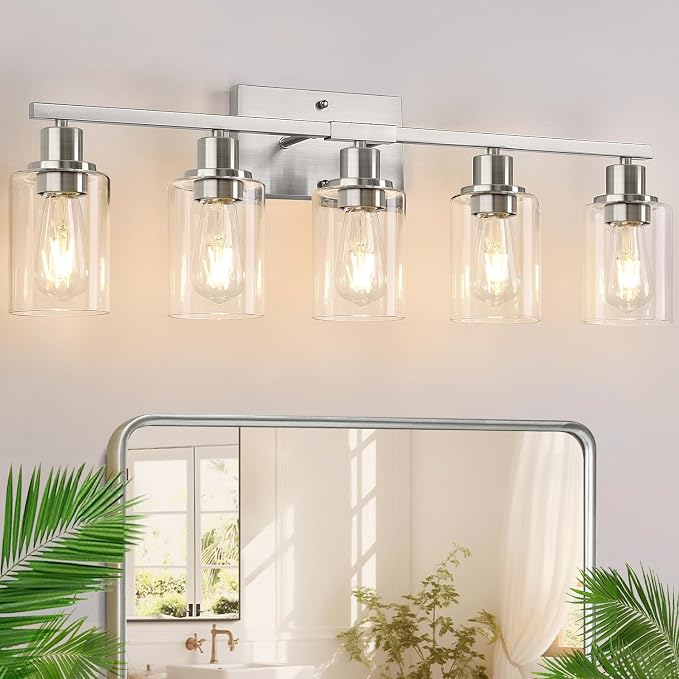 Indoi 5-Light Bathroom Light Fixtures, Brushed Nickel Modern Vanity Lights with Clear Glass Shades, Bathroom Wall Lamp for Mirror Living Room Cabinet Bedroom Porch