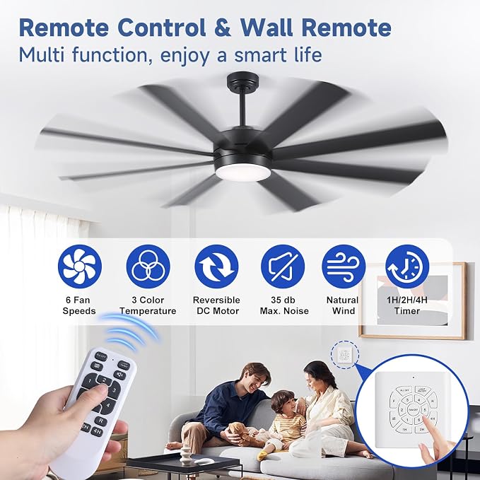 72 Inch Ceiling Fans with Lights, Ceiling Fans with Lights and Remote, Dimmable, Indoor/Outdoor Black Modern Ceiling Fan for Kitchen Living Room Patio, Shop Industrial, Dual Finish 8 Blades