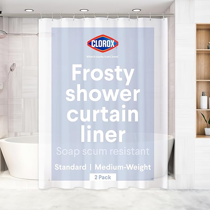 Clorox Shower Curtain Liner, Premium Medium-Weight Durable Waterproof 6g PEVA for Bathroom with Weighted Magnets, Standard Size 72" x 72", Frosty 2 Pack