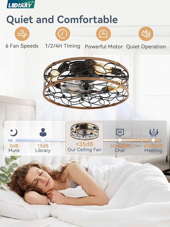LEDIARY 20 Inch Caged Ceiling Fans with Lights, Farmhouse Flush Mount Ceiling Fan with Remote, Black&Walnut Low Profile Ceiling Fan Light Fixture for Bedroom, Kitchen, Dining Room