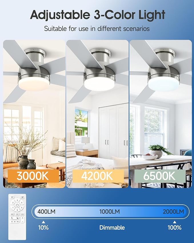 52 Inch Flush Mount Brushed Nickel Ceiling Fan with Light and Remote | 6-Speed Quiet Reversible DC Motor, Dimmable 3CCT LED, 3 Timing Settings, 5-Blade Modern Design, Indoor or Covered Outdoor Use